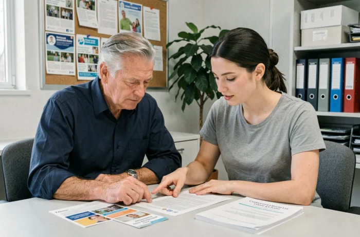 Un homme âgé consulte une conseillère dans un centre de services aux seniors, illustrant l'accompagnement personnalisé proposé par les services Info Seniors