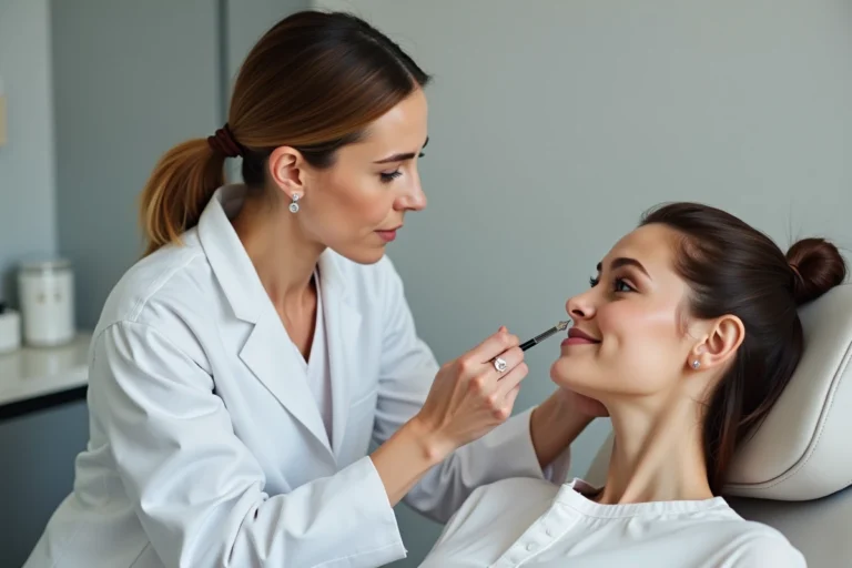 Esthéticienne experte examinant le visage d'une cliente lors d'une consultation en cabinet de soins esthétiques