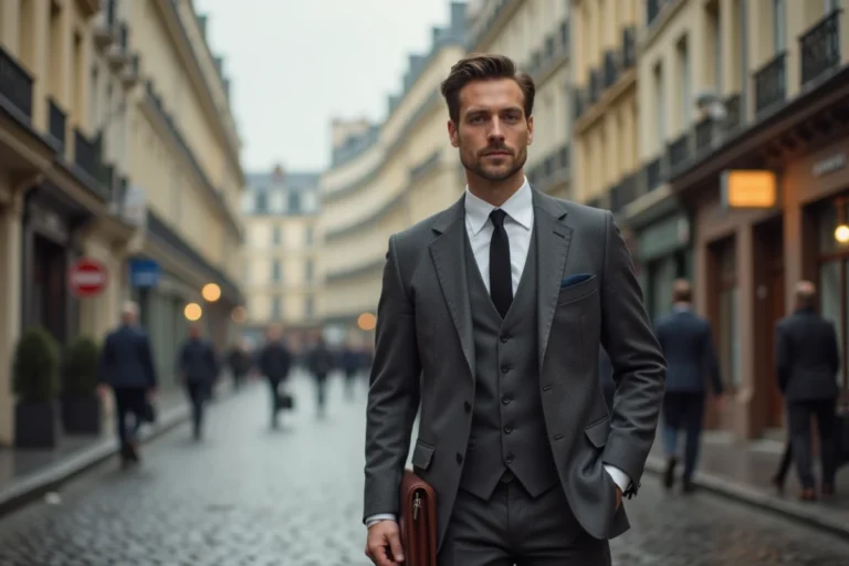 Homme en costume slim années 60 dans une rue pavée parisienne avec attaché-case en cuir, style vintage masculin
