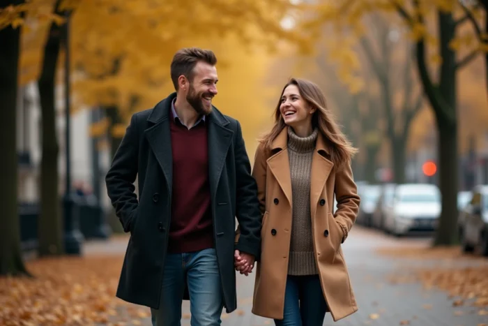 Couple complice marchant sur une rue pavée en automne avec des feuilles dorées, symbole d'une histoire d'amour authentique et complice
