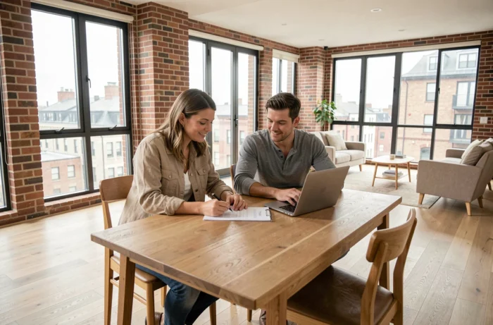 Couple examinant des documents immobiliers dans un appartement rénové moderne avec espace ouvert, illustrant l'achat immobilier et les tendances du marché en 2024