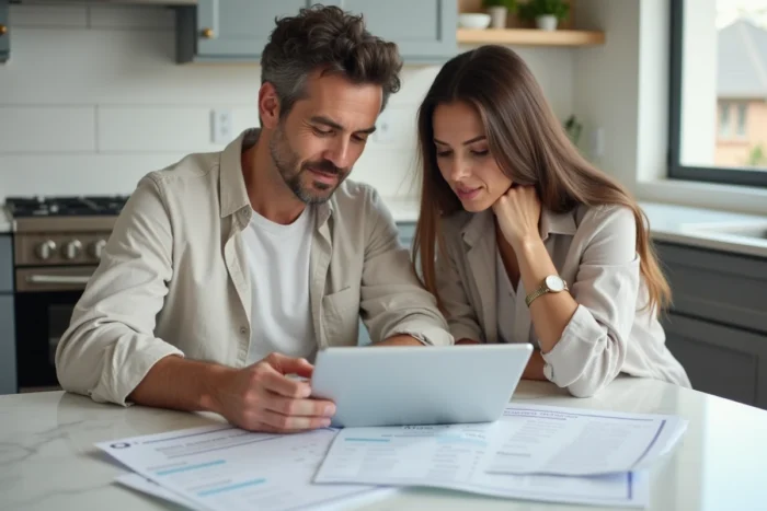 Couple examinant ensemble des offres de prêts rapides en ligne dans une cuisine moderne