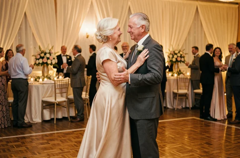 Couple de septuagénaires dansant élégamment lors de leur célébration de 50 ans de mariage dans une salle de réception fleurie