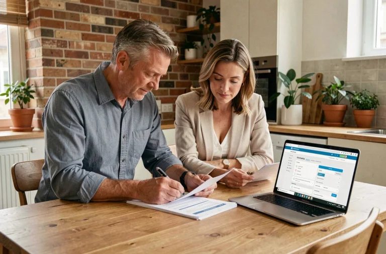 Couple examinant des documents de protection immobilière et d'assurance habitation à leur table de cuisine moderne