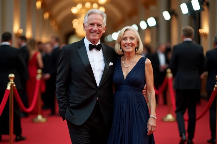 Couple élégant en tenue de soirée sur un tapis rouge lors d'une cérémonie de gala hollywoodien, illustrant le style de vie opulent et la notoriété du milieu du show-business américain