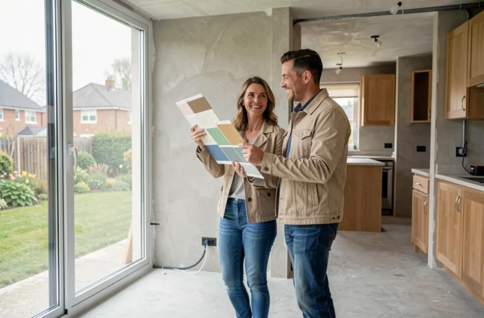 Couple visitant l'intérieur de leur future maison personnalisée en cours de finition en France