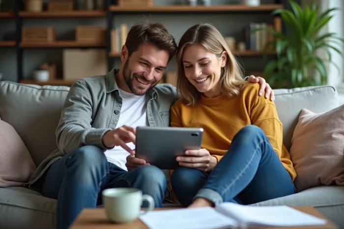 Couple planifiant leur budget et discutant des options de crédit sur une tablette dans leur salon