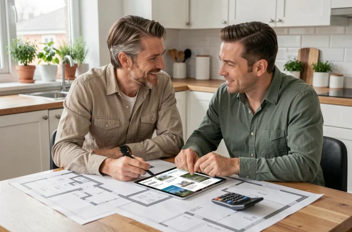 Couple planifiant un investissement locatif autour d'une table avec des plans immobiliers et une tablette numérique