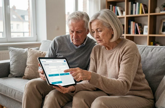 Un couple de seniors compare des mutuelles santé sur une tablette dans leur salon
