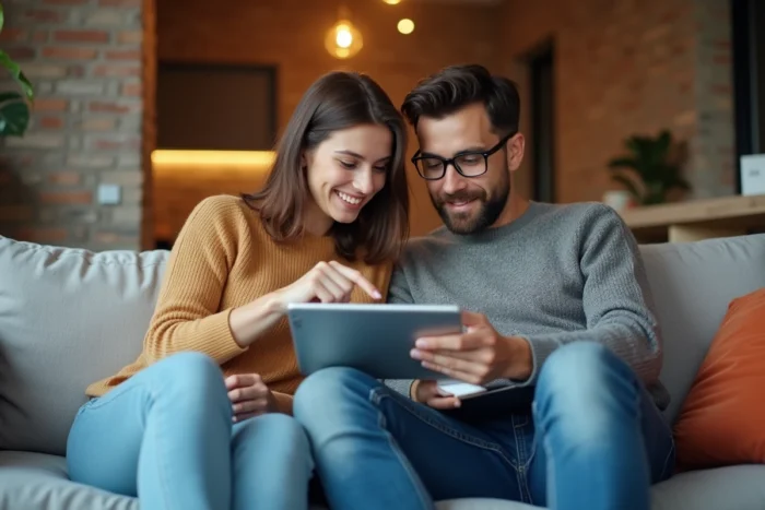 Jeune couple français simulant un crédit en ligne sur une tablette dans leur appartement parisien