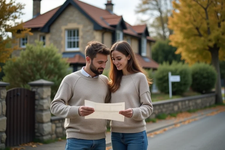 Couple examinant une annonce immobilière devant une maison en pierre à vendre dans un quartier résidentiel calme