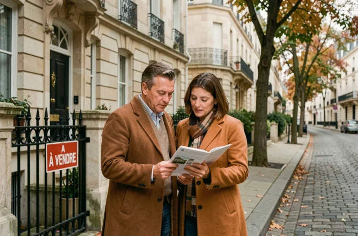 Couple visitant une maison de ville en pierre à vendre dans une rue résidentielle aux façades haussmanniennes en automne