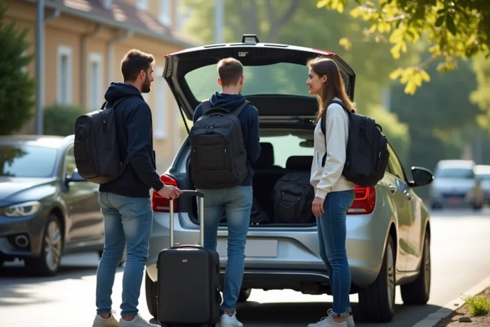 Groupe de covoitureurs chargeant leurs bagages dans le coffre d'une voiture pour un trajet BlaBlaCar