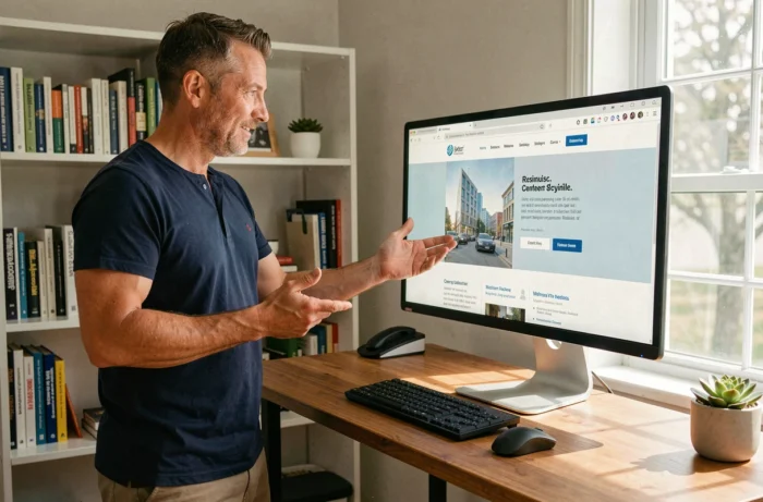 Entrepreneur travaillant sur la création de son site web professionnel depuis son bureau à domicile