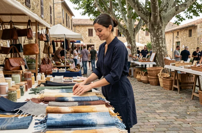 Jeune créatrice textile présentant des écharpes en lin tissé sur un stand de marché artisanal en Provence