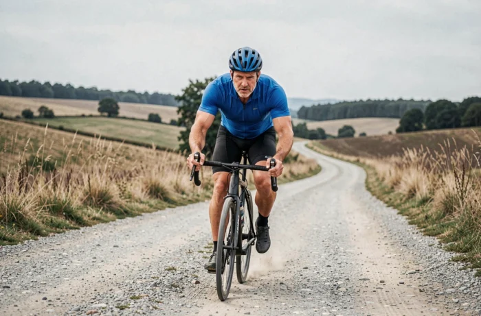 Cycliste masculin en jersey bleu pédalant sur une route de gravier à travers la campagne