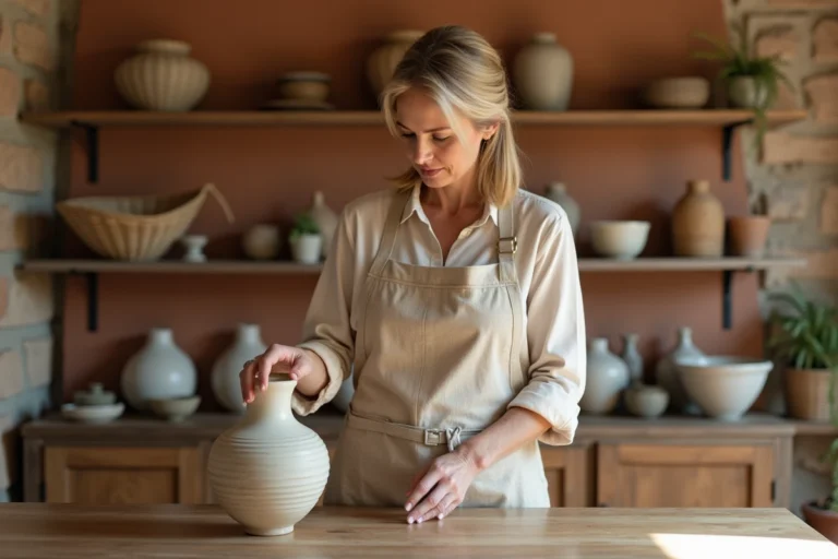 Femme arrangeant une poterie artisanale sur une étagère en bois dans un salon décoré avec des créations uniques