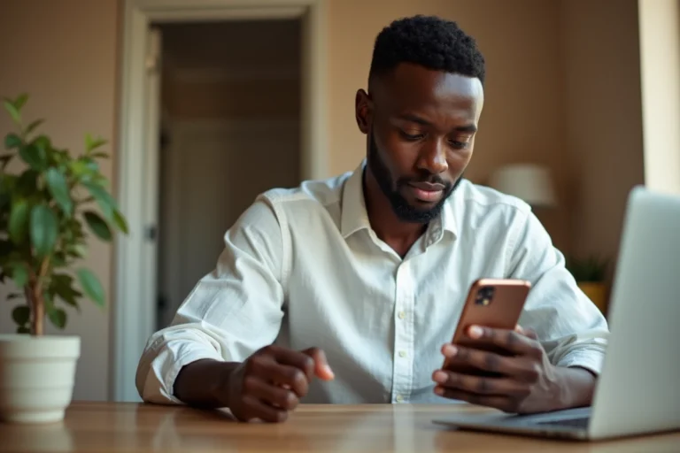 Jeune homme africain utilisant l'application Wave sur son smartphone pour faire une demande de prêt rapide