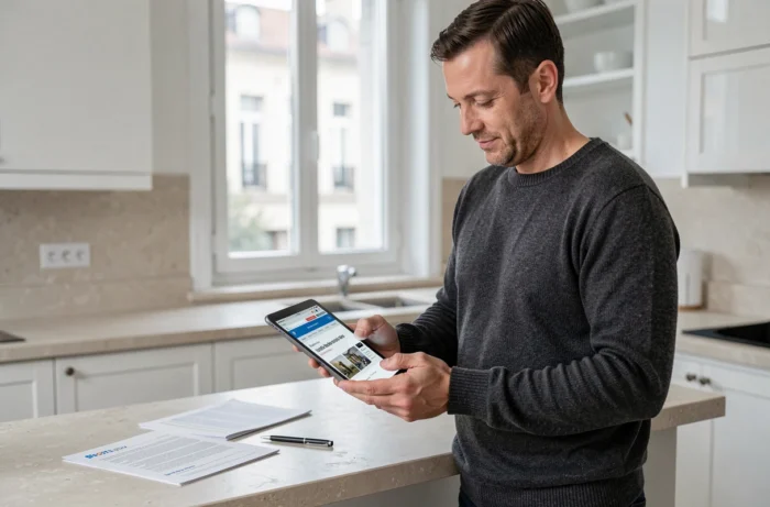 Homme consultant le site impots.gouv sur une tablette pour mettre à jour son adresse fiscale