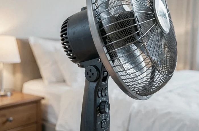Détail du panneau de commande et grille du ventilateur Confort Line avec boutons de réglage visibles