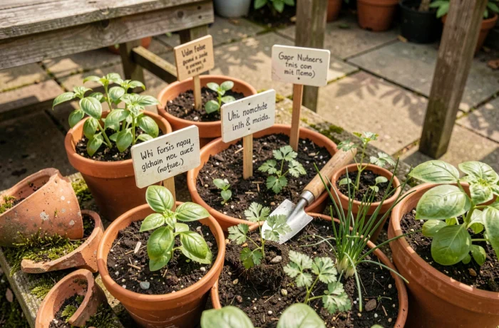 Détail de pots en terre cuite avec étiquettes de plantes aromatiques et jeunes semis dans un coin de potager