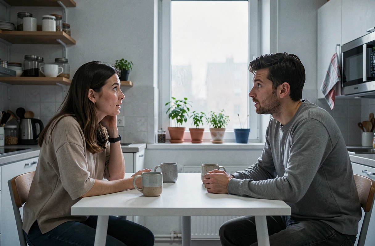 Deux amis partageant un regard complice autour d'une table de cuisine, illustrant la synchronicité des pensées entre deux personnes