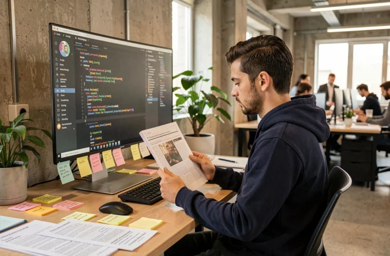 Développeur web concentré découvrant les nouveautés X-Script sur un écran ultrawide dans un bureau moderne