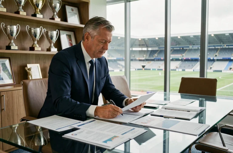 Dirigeant de club de Ligue 1 analysant le budget financier de la saison 2026 dans un bureau moderne de stade