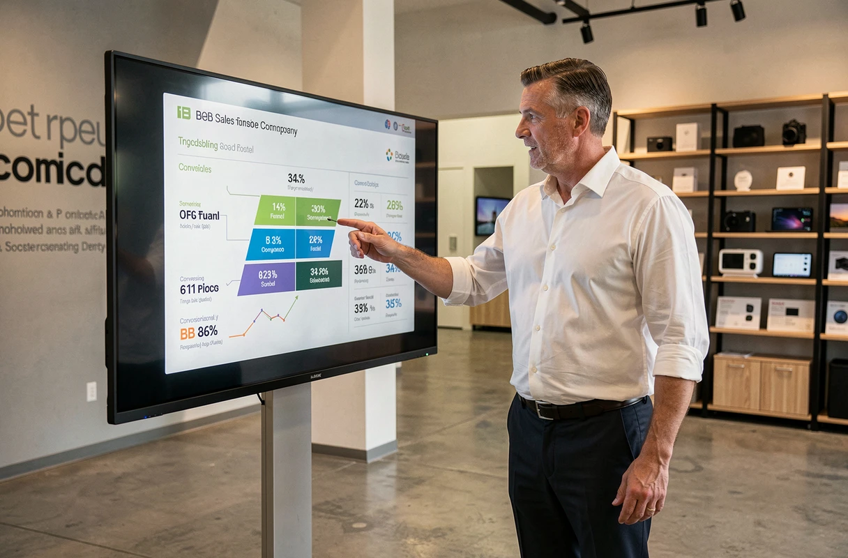 Dirigeant présentant des métriques de performance d'une plateforme B2B sur un écran interactif dans un showroom d'entreprise technologique