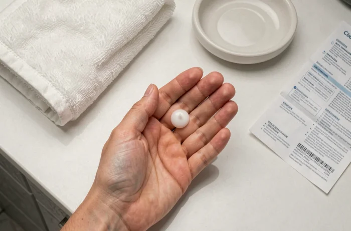 Gros plan des mains tenant un tube de pommade Sterdex avec une dose de crème prête à être appliquée sur la peau