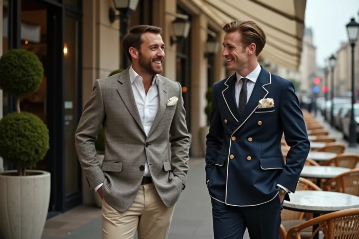 Deux hommes en tenues vintage inspirées des années 60, veste houndstooth et blazer marine, assis à la terrasse d'un café européen