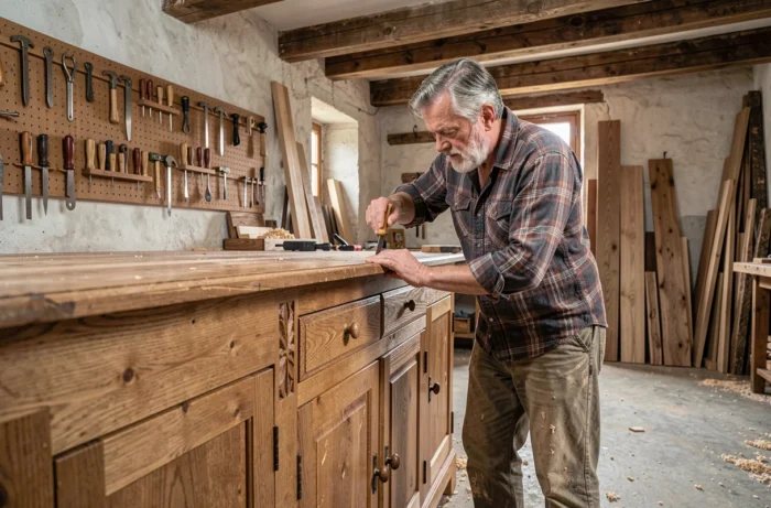 Ébéniste français travaillant au ciseau sur un meuble en chêne artisanal dans un atelier traditionnel en Bourgogne
