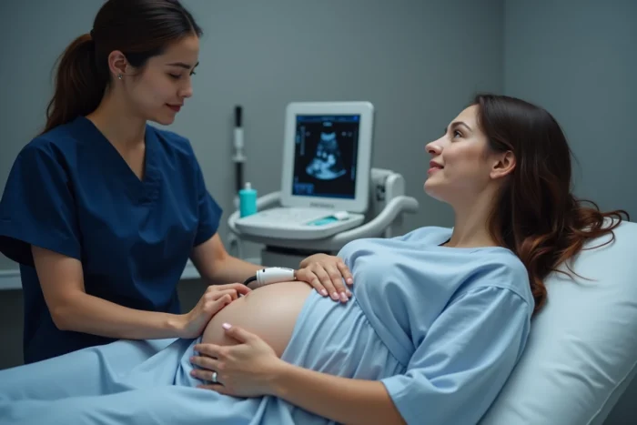 Femme enceinte lors d'une échographie prénatale avec une sage-femme, visualisant les échanges entre la mère et le fœtus via l'écran d'échographie