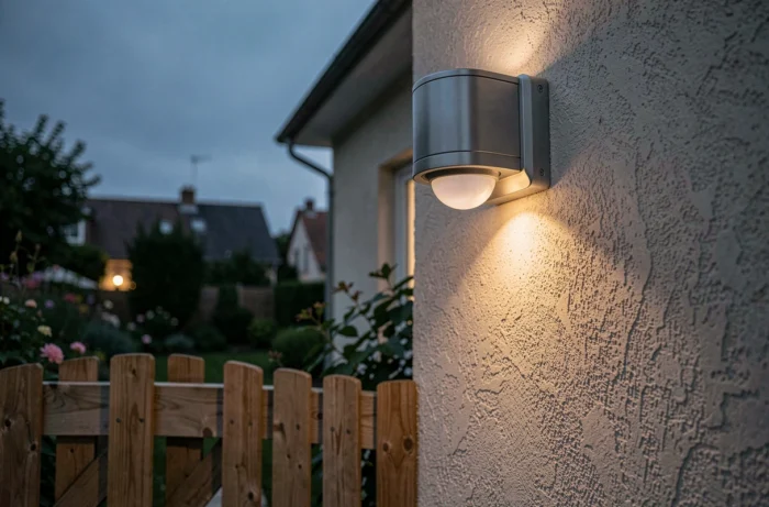 Éclairage extérieur à détection de mouvement installé au-dessus d'un portail de jardin