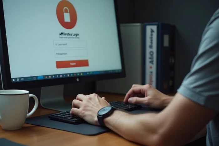 Gros plan sur un écran de connexion à l'espace affilié Securitest avec les mains d'un utilisateur sur le clavier