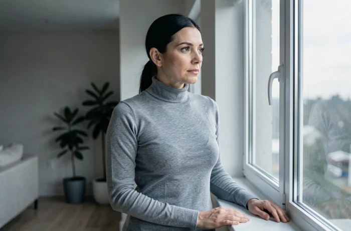 Femme contemplative debout près d'une fenêtre dans un appartement moderne, regard tourné vers l'extérieur