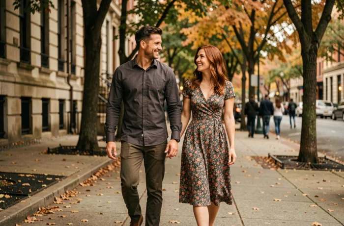 Couple se promenant dans une rue urbaine en automne, souriant et discutant dans une atmosphère détendue