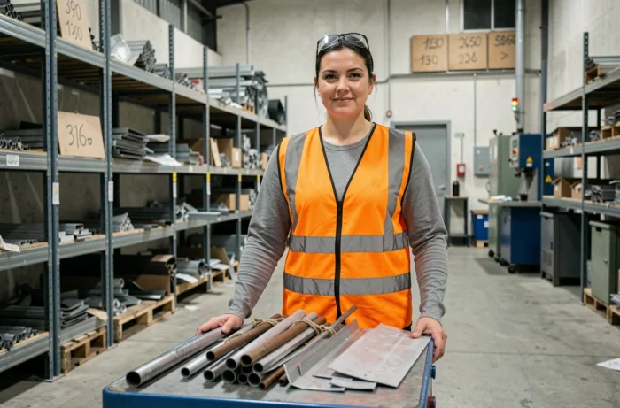 Employée d'un centre de rachat de ferraille pesant des métaux recyclables sur une balance industrielle