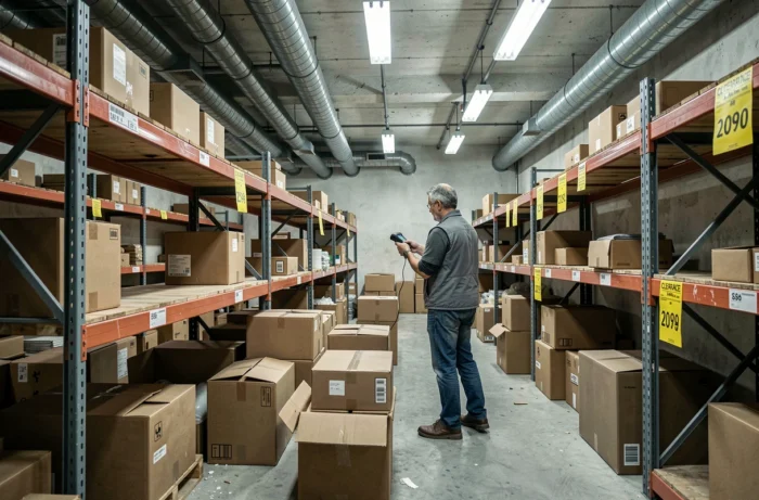 Entrepôt d'une entreprise en liquidation judiciaire en France avec marchandises soldées et employé en inventaire