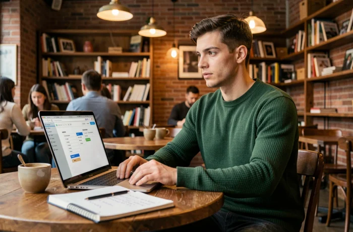 Jeune entrepreneur travaillant sur sa stratégie business 2024 dans un café urbain avec ordinateur portable