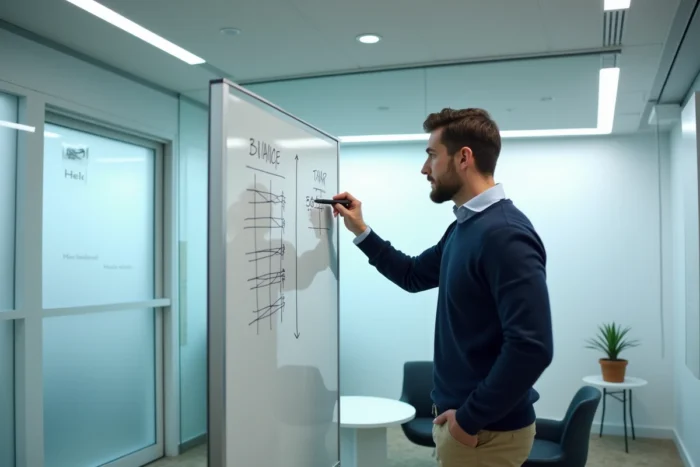 Un entrepreneur expliquant la différence entre marge brute et marge contributive sur un tableau blanc en salle de réunion