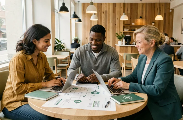 Équipe de propriétaires de petites entreprises collaborant sur une feuille de route marketing dans un café moderne