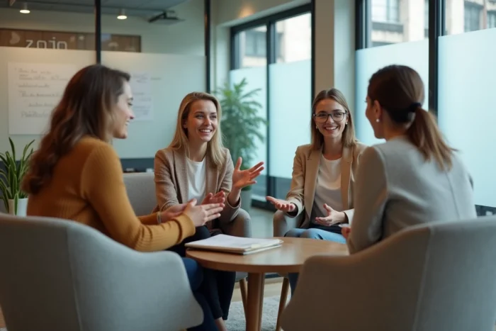 Équipe de collègues en discussion animée dans un espace de collaboration au bureau, illustrant le sens collectif et la motivation au travail