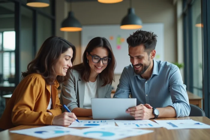 Équipe collaborant autour d'outils numériques pour optimiser la gestion collective des informations en ligne