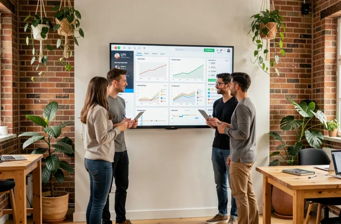 Une équipe de professionnels du marketing digital collaborant autour d'un écran tactile affichant des tendances et des stratégies de contenu pour 2024