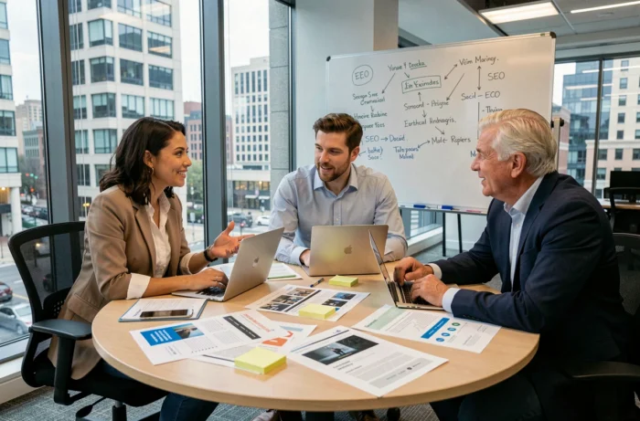 Équipe marketing collaborant autour d'une stratégie de présence web pour améliorer la visibilité de leur entreprise