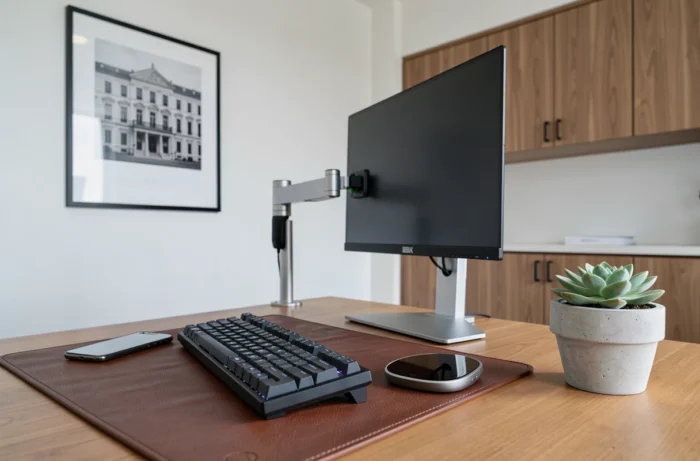 Bureau de travail professionnel moderne équipé d'accessoires ergonomiques, écran 4K et rangements intégrés