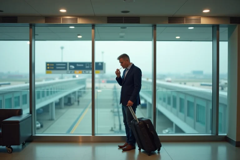 Voyageur adulte dans une salle fumeur vitrée d'un aéroport moderne après le contrôle de sécurité