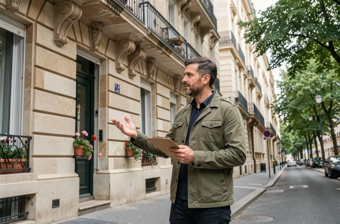 Agent immobilier ou propriétaire évaluant un immeuble résidentiel en milieu urbain pour un investissement locatif