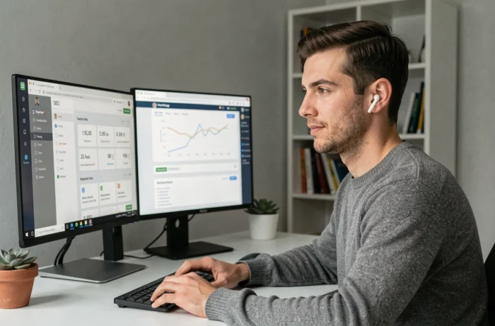 Un professionnel du marketing digital travaillant à domicile sur des outils SEO et des plateformes de gestion de contenu pour optimiser les tendances 2024
